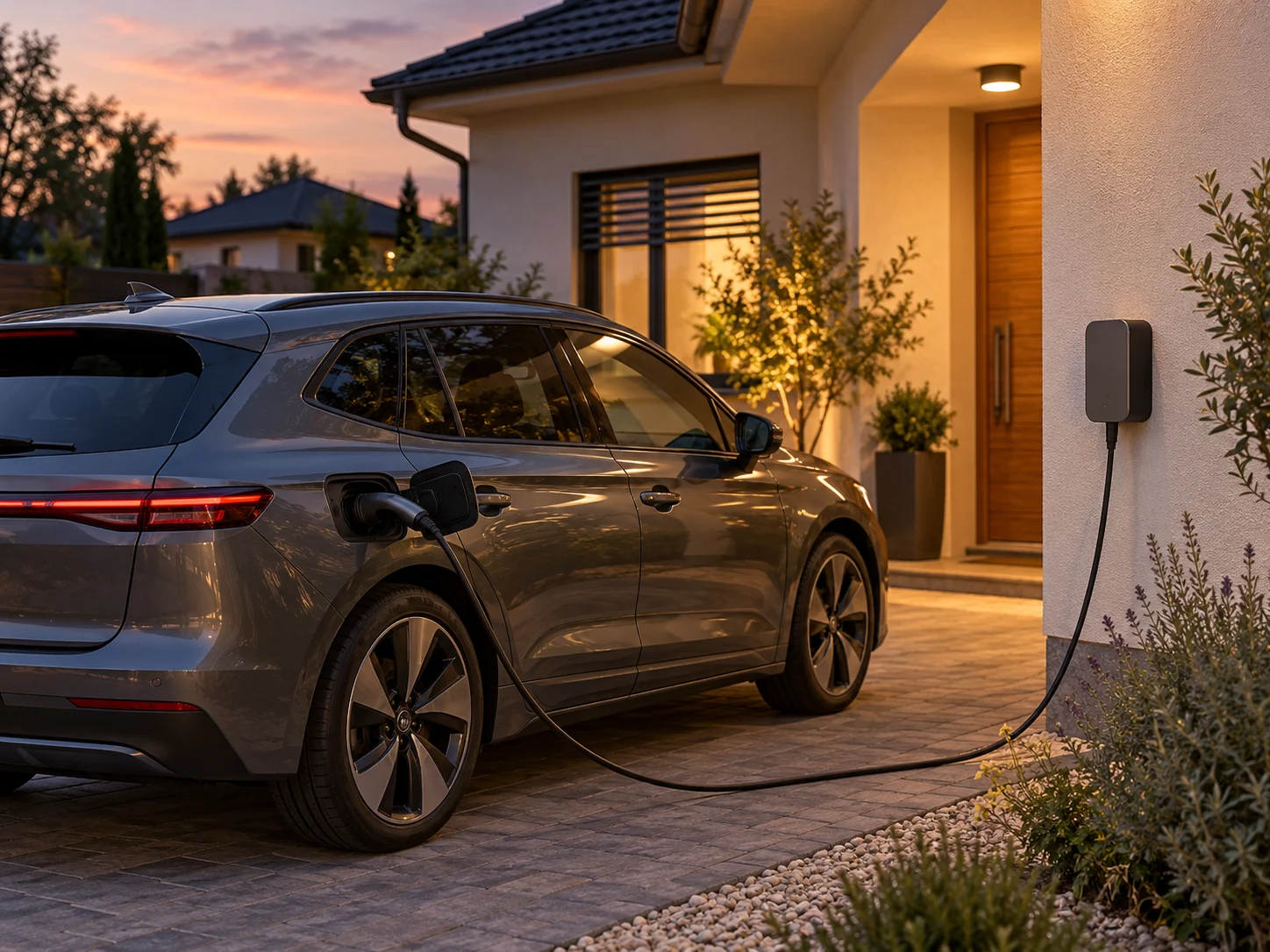 Otthon parkoló elektromos autó a fali töltőhöz csatlakoztatva – illusztráció